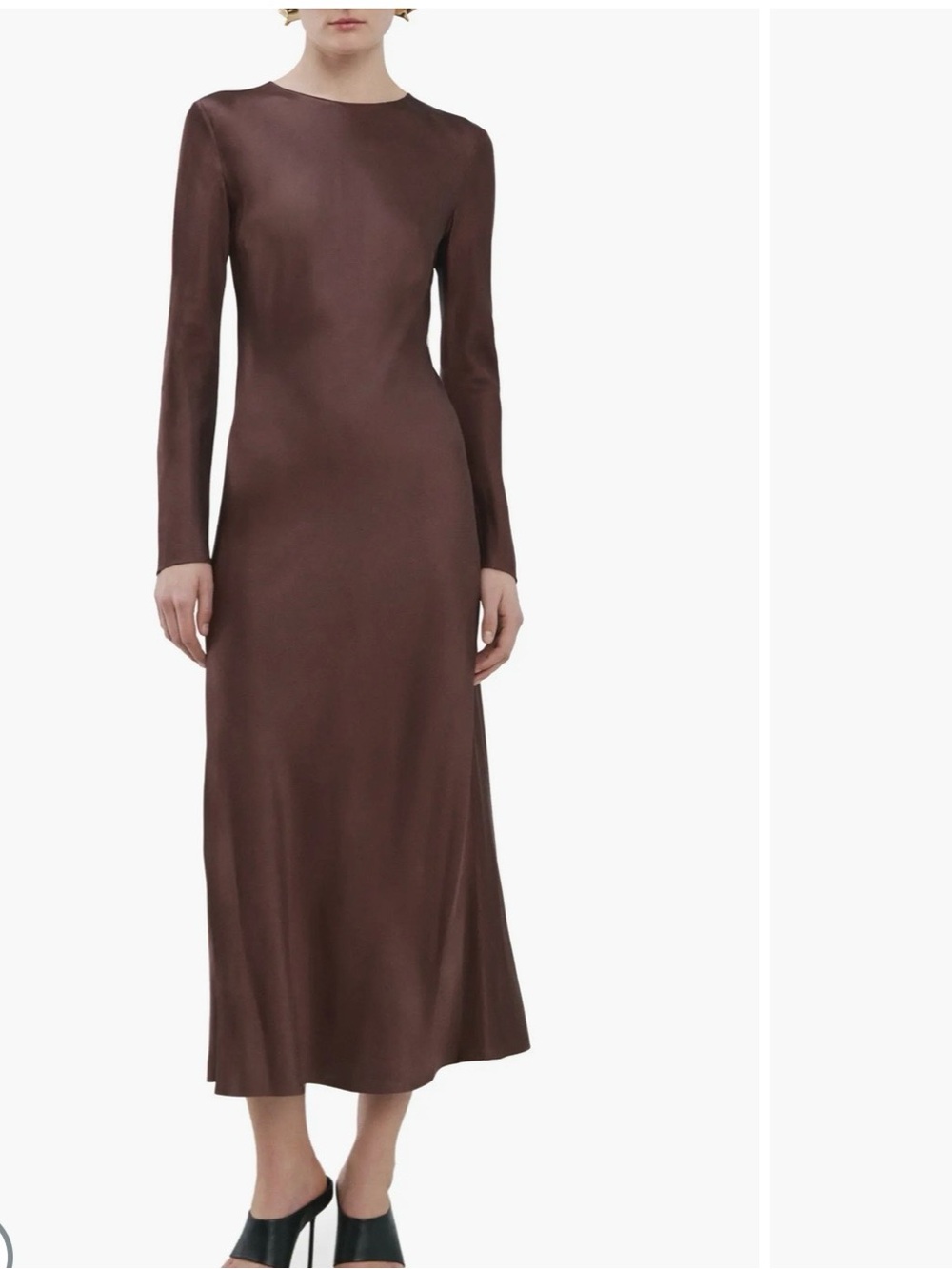 Mango Chocolate Brown Long-Sleeve Satin Midi Dress